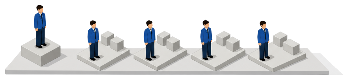 左の高い台に立つ人と右に並ぶ四つの台に一人ずつ立つ人を描いたイラスト
