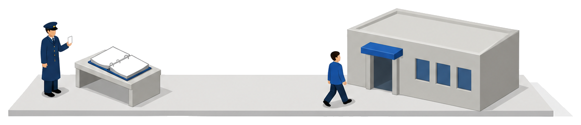 左でカードを持つ制帽の人と机の上のバインダーと右の平屋の建物へ歩く人を描いたイラスト