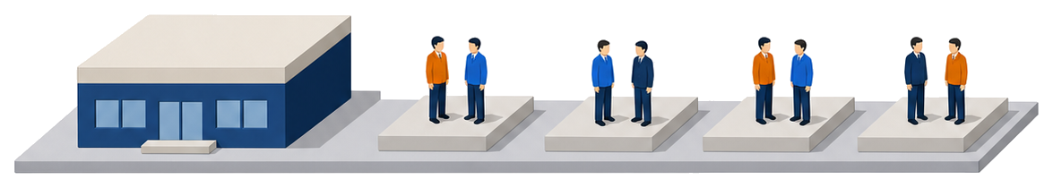 左の建物の右に四つの台が並びそれぞれの台に二人ずつ立っているイラスト