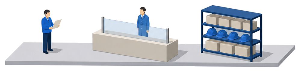 左で書類を持つ人と真ん中の窓口の台と右のヘルメットや箱を並べた棚を描いたイラスト