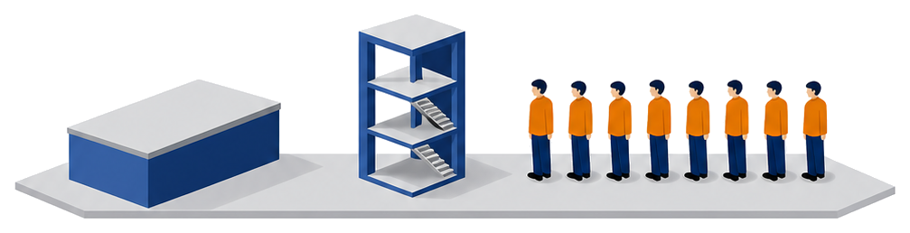 左に建物が立ち中央の階段のある塔へ向かって右から人の列が詰めかけているイラスト