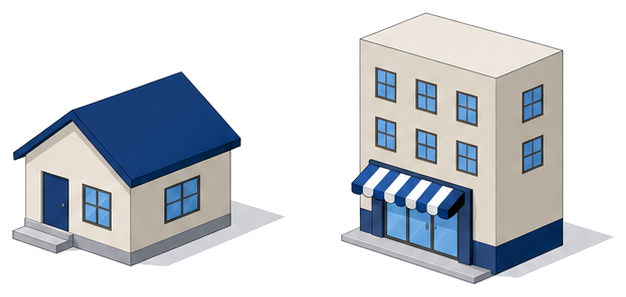 住宅と店舗付き建物の外観を並べたイメージ