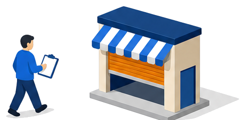 書類を持って店舗に向かう人と半分開いたシャッターの店のイラスト