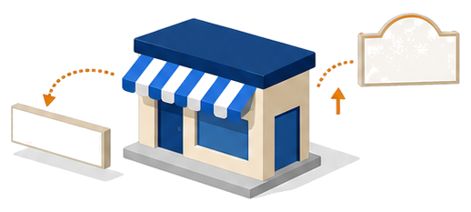古い看板が外れ新しい看板が取り付けられる店舗のイラスト