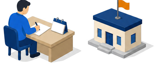 デスクで書類を書く人と旗が立つ建物のイラスト