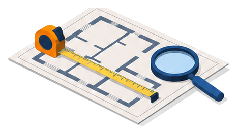 図面に巻尺と拡大鏡が置かれたイラスト