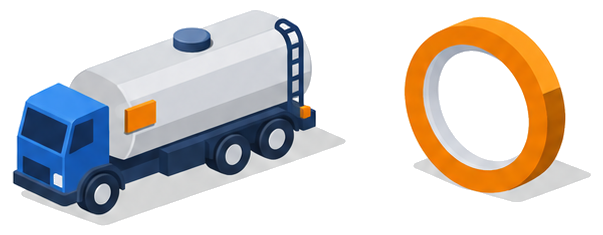 小さな表示板が付いたタンク車両ブロックの横に国際基準を示す輪のマークが並ぶイラスト