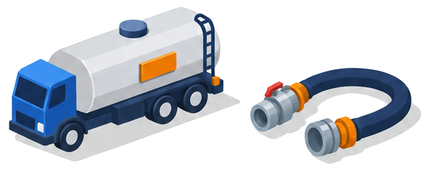 タンク車両ブロックに標識板が付き横にホースの結合金具が置かれたイラスト