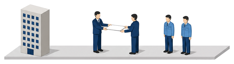 建物の前で管理権原者が命令の書面を受け取るイメージ