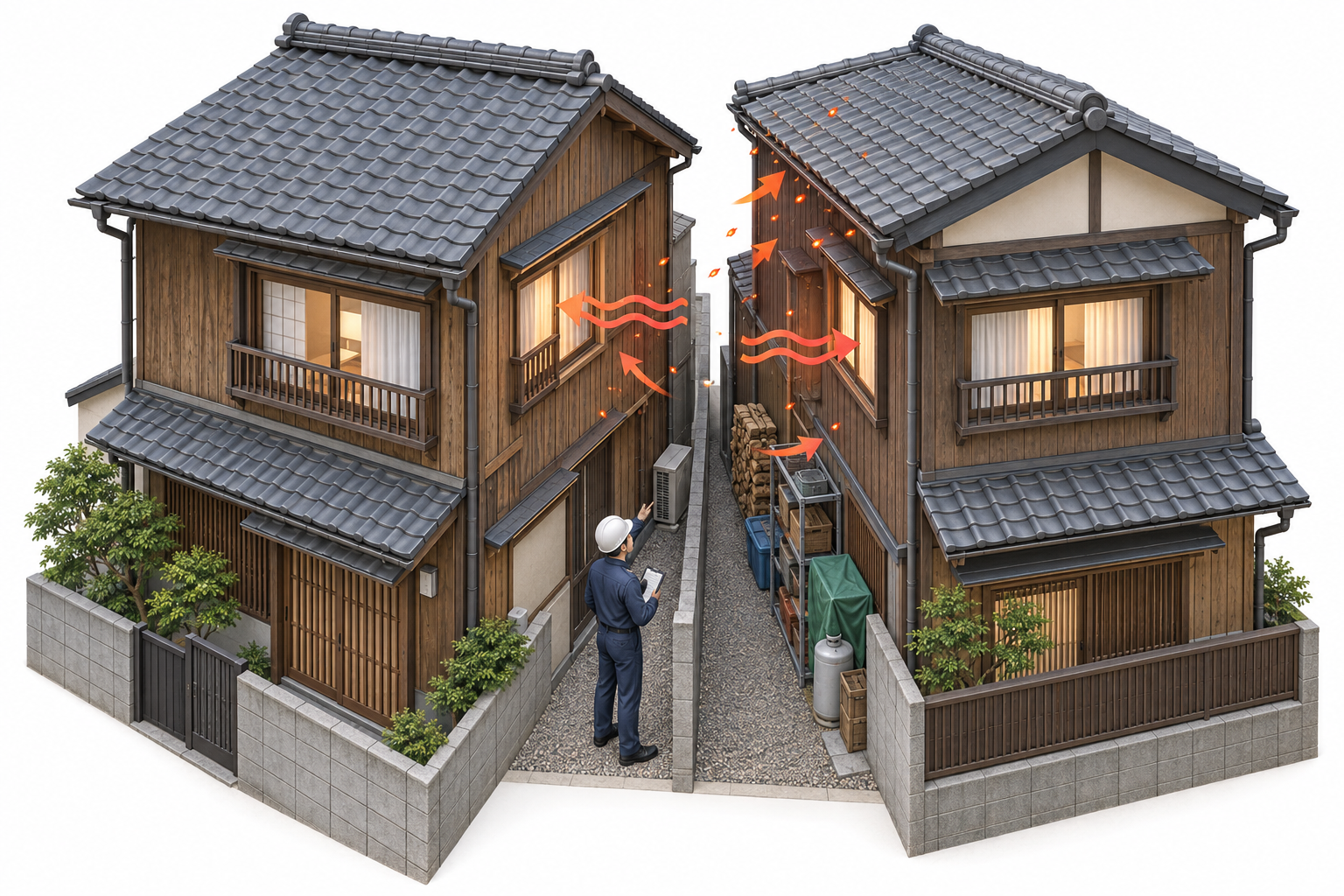 隣接住宅間の窓と軒と可燃物を点検する図