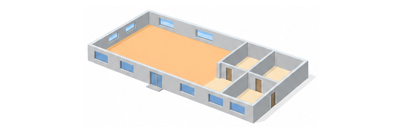 大きな一室と三つの小さな部屋が並び、大きな部屋の床だけが淡い橙色になっている、屋根のない建物のイメージ