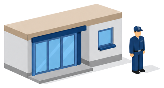 建物の入口に消防職員が立っているイラスト