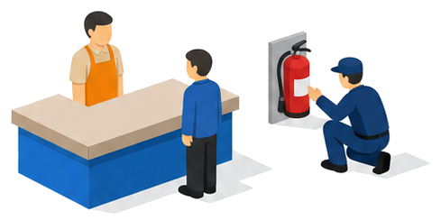 通常営業を続けながら消防職員が検査を行っているイラスト