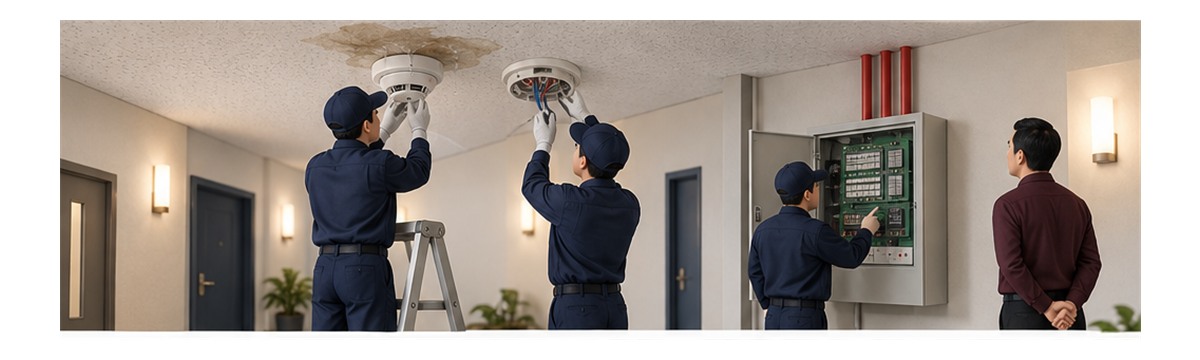 専門家が感知器本体とベース端子と受信機回路を点検する横長アイソメ図