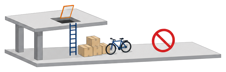 開いた避難器具用ハッチの真下に置かれた荷物と自転車