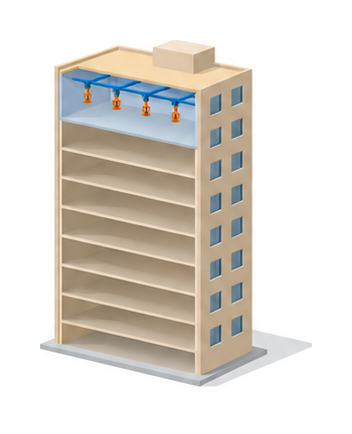 十一階建ての細い建物で、最上階だけが淡い青で橙色のヘッドが並び、下の十階は無地のイメージ