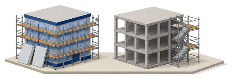 壁を張り替えている建物と柱と階段だけを直している建物の対比