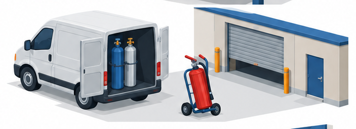 ガスボンベを積んだ配送車の方へ二酸化炭素消火器が台車で運ばれていくイラスト