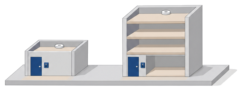 小さな店舗と大きな建物のどちらにも同じ受信機と感知器が付いている様子