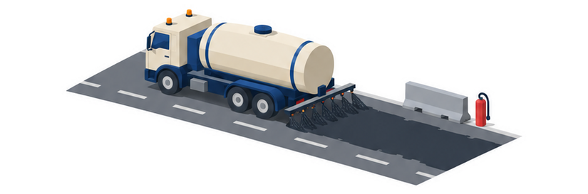 薄ベージュのタンク車が道路に暗い色の液体を散布し、路肩に小さな柵と赤い消火器のスタンドが置かれているイメージ