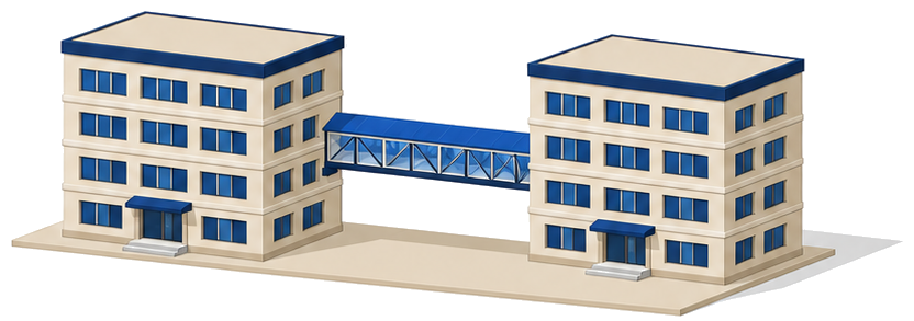渡り廊下でつながった2つの建物のイメージ