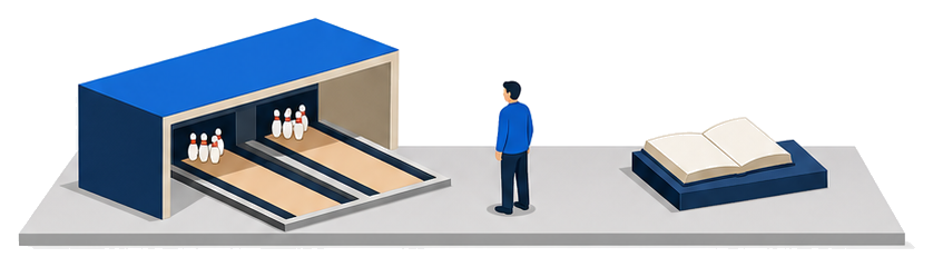 ボウリングのレーンがある建物と条文の本を見ている防火管理者の図
