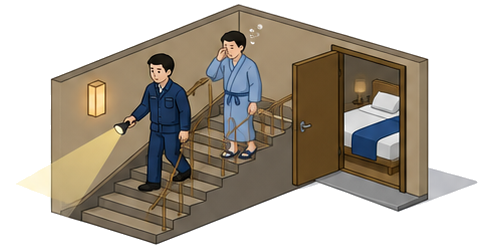 夜間の応急体制の確保として就寝中の利用者を想定した訓練を行うことを示すイメージ