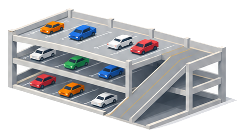 斜路でつながった三層の自走式駐車場の断面のイラスト