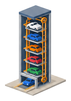 パレットが垂直に循環する細長い駐車タワーのイラスト