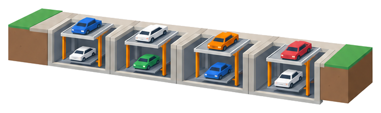 地面のピットに設けた二段式の駐車装置が四基並ぶ断面のイラスト