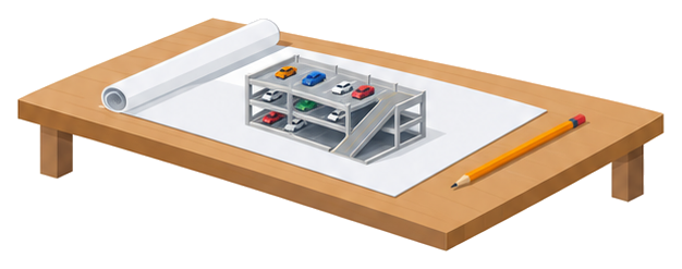 机の上に置かれた図面の巻物と駐車場の模型のイラスト