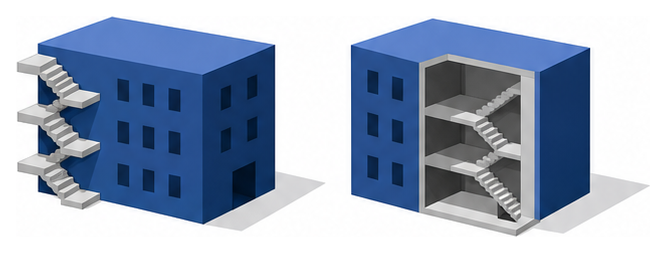 外壁に階段が付いた建物と内部に階段室を持つ建物を並べたイラスト