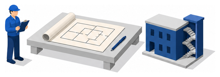 点検表を持つ人と図面を広げた机と階段室のある建物の模型を並べたイラスト