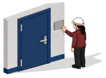 防火扉の遮炎性能を示す銘板を確認する女性検査員のイラスト