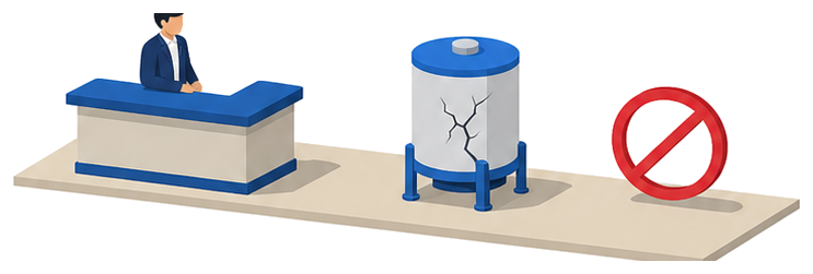 ひび割れたタンクを市役所窓口の担当者が確認し禁止マークが付いたイメージ