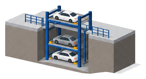 地面の下に二段、地上に一段の駐車装置が入った断面のイラスト