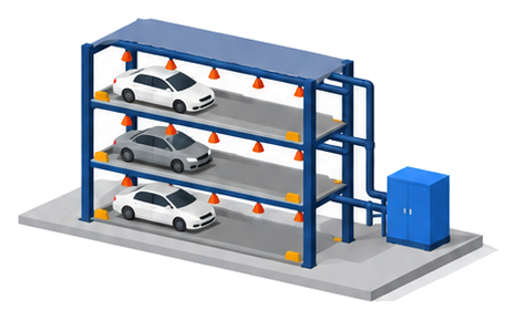 各段の天井に泡のヘッドが並ぶ三段の駐車装置のイラスト