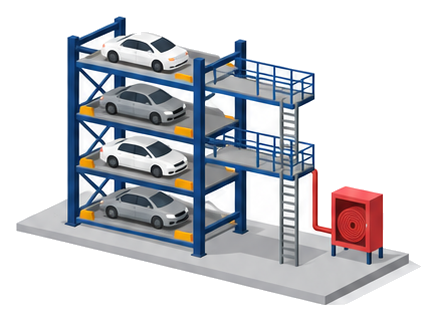 消火足場とはしごを付けた四段の駐車装置と赤いホース格納箱のイラスト