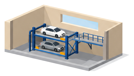 壁の高い位置に開口がある建物内の二段式駐車装置のイラスト