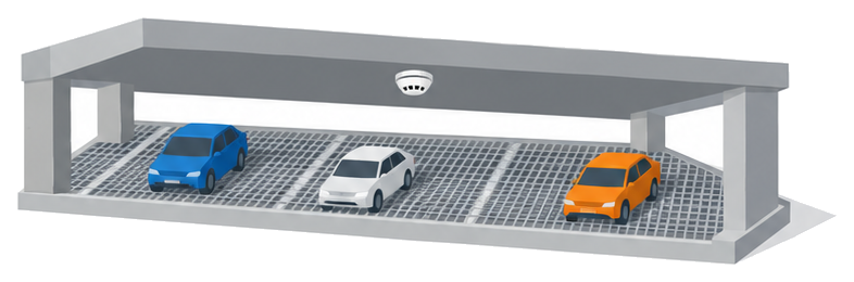 網目状の金属の床に車が並び、天井に感知器が付いた駐車の階の断面のイラスト