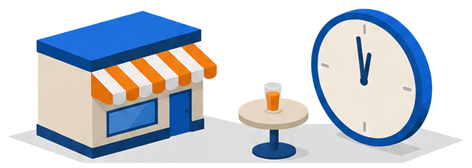 店舗と深夜近くを指す時計のイラスト