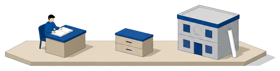 机で例規集を開く人と書類の入った低い書棚と図面を立てかけた建物を描いた図