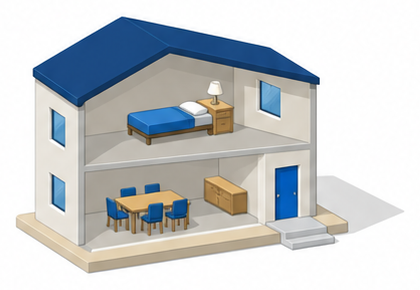 小さな二階建ての家のような建物の一階に机と椅子のある部屋、二階にベッドが一つだけある小さな客室が見えるイメージ