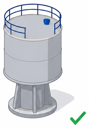 架台の上に立つ銀色の小型タンクと緑のチェックマークのイラスト