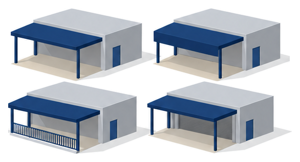 形の違う屋根やひさしが付いた小さな建物が４つ並んでいるイラスト
