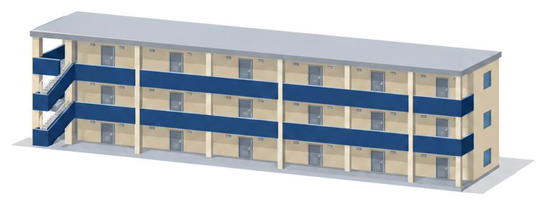 各階に腰壁付きの外廊下が続く3階建ての集合住宅のイラスト