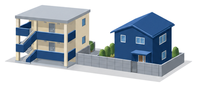 外廊下のある集合住宅の端と細い空地を挟んで隣の敷地の塀と住宅が並ぶイラスト