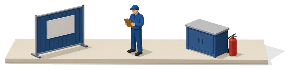 左に掲示板を付けた仮囲い中央にバインダーを持つ人右に低い戸棚とその横に立つ消火器がある