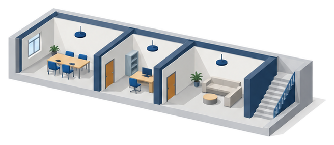 天井にスピーカーが１つずつ付いた大きさの違う３つの部屋と階段が並ぶフロアのイラスト