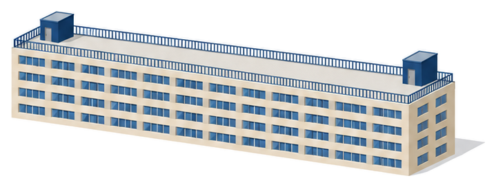 屋根の両端に階段室があり手すりで囲まれた屋上広場をもつ横長の建物のイラスト